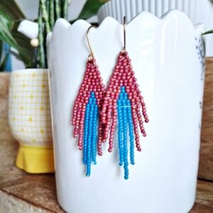 BOGO EARRINGS Blue and red beaded fringe cascade dangle earrings, 2.5"